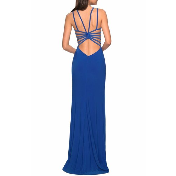 New La Femme sz 4 Strappy Back Jersey Column Gown Dress Womens Royal Blue NWT - Picture 2 of 2